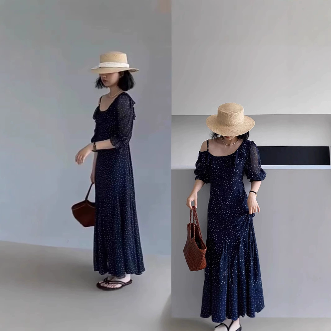 [Спотовое] 2515 мм толстый дизайн чувство лотоса и волновой точки платье женская летняя праздничная талия шифоновая юбка