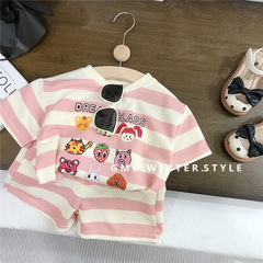 女童夏季短袖套裝新款小童條紋卡通印花親膚女寶寶夏款兩件套外貿