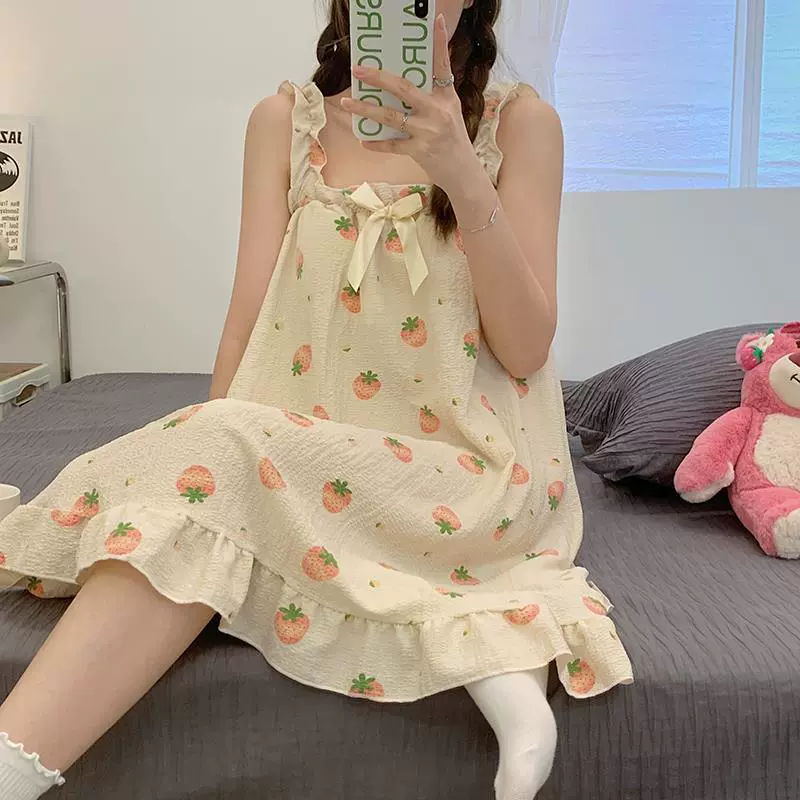 Summer pijama, skirt, cute top with cups, cotton long thin strawberry, lifting effect, mid-length