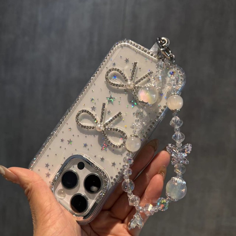 豪華なダイヤモンド付きリボン型スマホケース Apple 17 Pro Max レーザー星柄保護カバー 15 Pro/14 女性向け 11|undefined