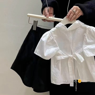 [4976 People] Children's Clothing Girls Lace-Up Design Preppy Style Shirt Baby Girl Summer Sweet Lapel Shirt Wide