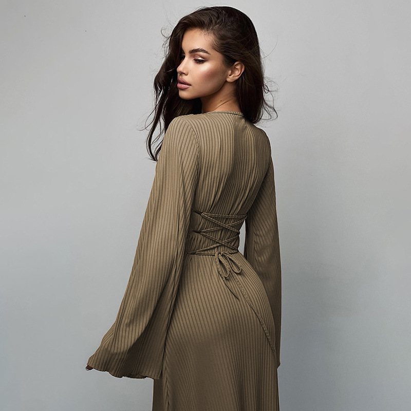 Women's Loose U Neck Long Sleeve Dress Autumn Fashion Back Strap_ecoleips.com