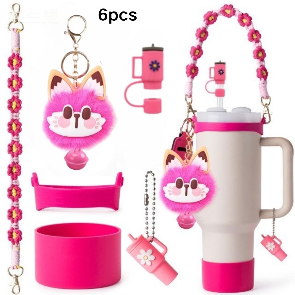 Accesorios de taza Stanley colgante de cuerda de mano flor de silicona gorra de paja de peluche colgante de taza cadena de taza de color cubierta de taza