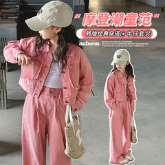 Girls' Set Autumn Outfit 2023 New Stylish Fashion Korean Version Spring and Autumn Season Big Kids Children Denim Jacket Two-Piece Set