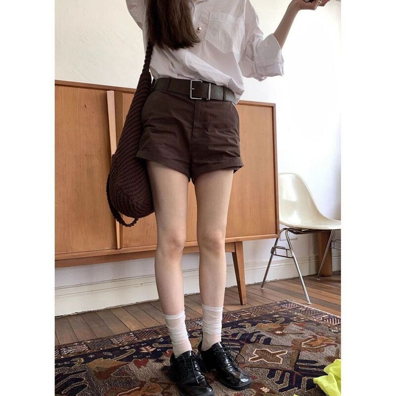 阿秋的店美式复古显瘦休闲短裤夏季新款通勤百搭棕色直筒裤女|undefined