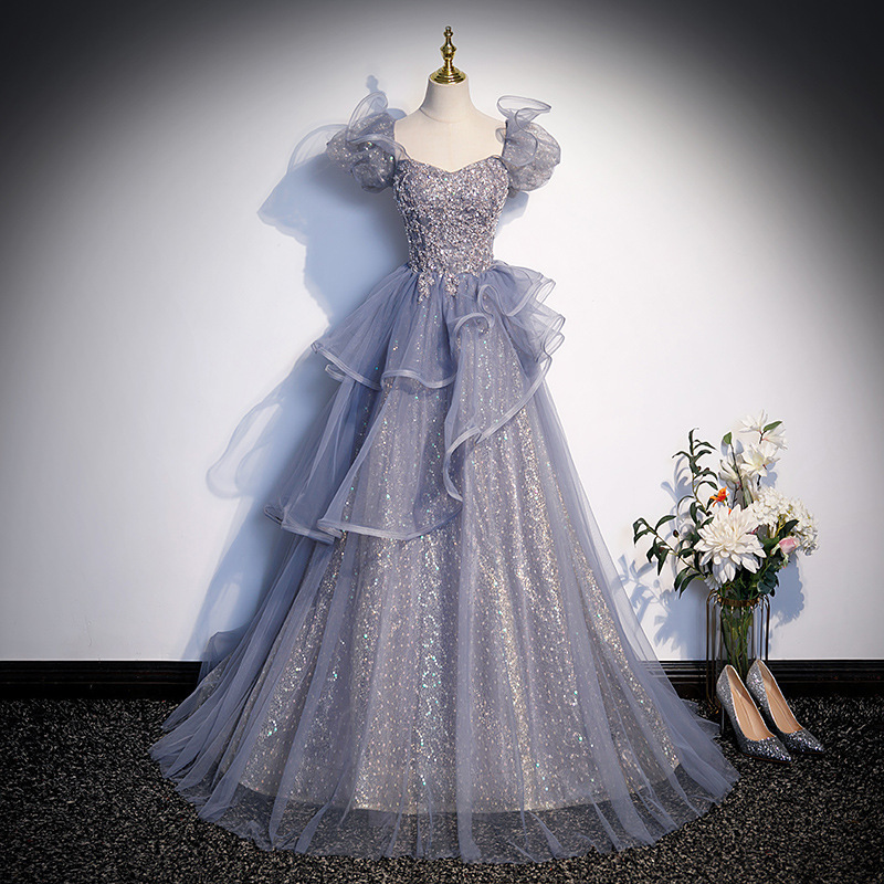 灰蓝色声乐艺考演出晚礼服新款高级感法式生日成人礼主持人公主裙