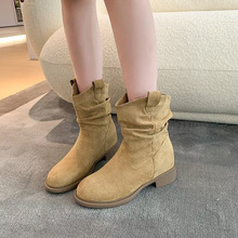 外贸热销时尚学生粗跟工装马丁靴简约百搭绒面纯色时装复古短靴女
