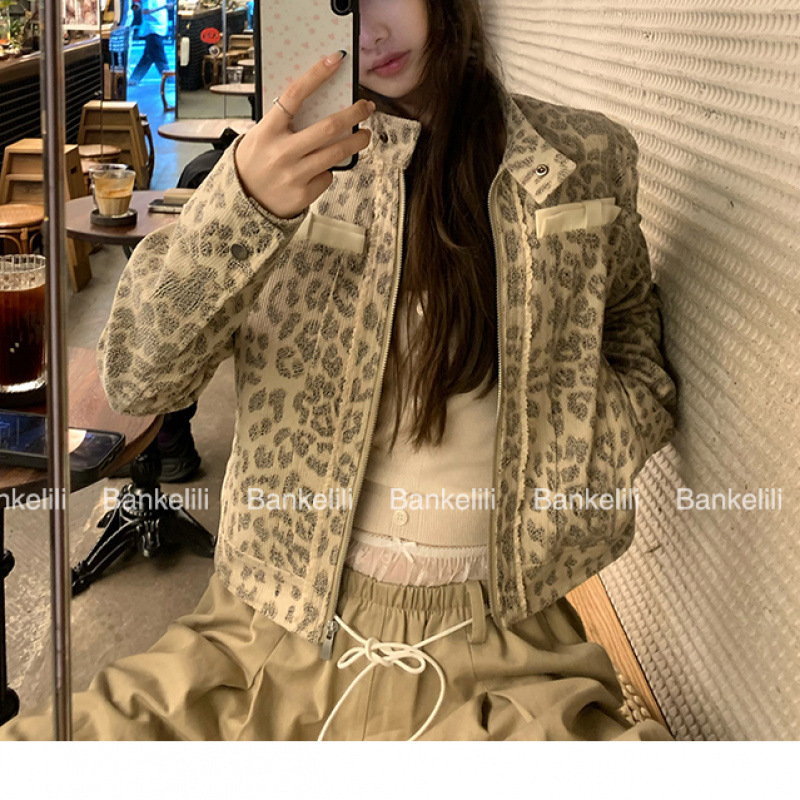板栗可可Bankelili'豹纹限定'小众做旧定染豹纹印花立领外套女秋|undefined