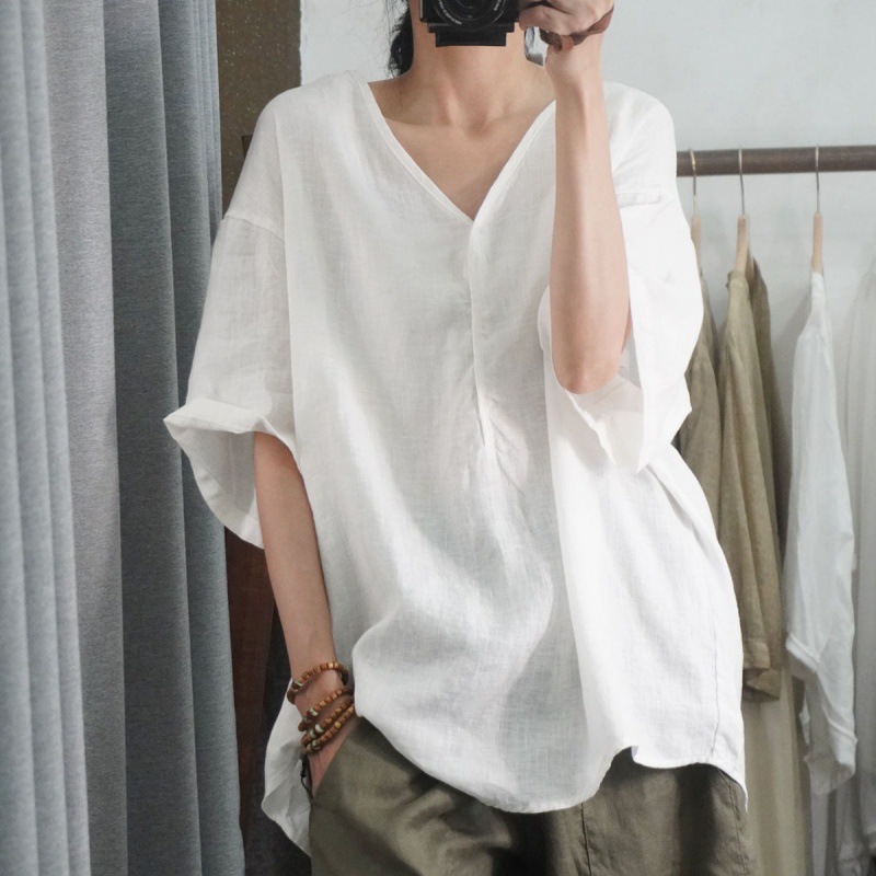 Women's Clothing Summer Style Women's Casual Shirt Short Sleeve Loose Cotton Linen Top Plus Size Pink And Black_ecoleips.com