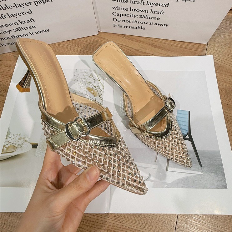 2026 nuevo verano de malla de diamante mitad zapatillas zapatillas de tacón frío zapatillas de tacón alto mujer ropa exterior de moda tacones delgados punta image 4