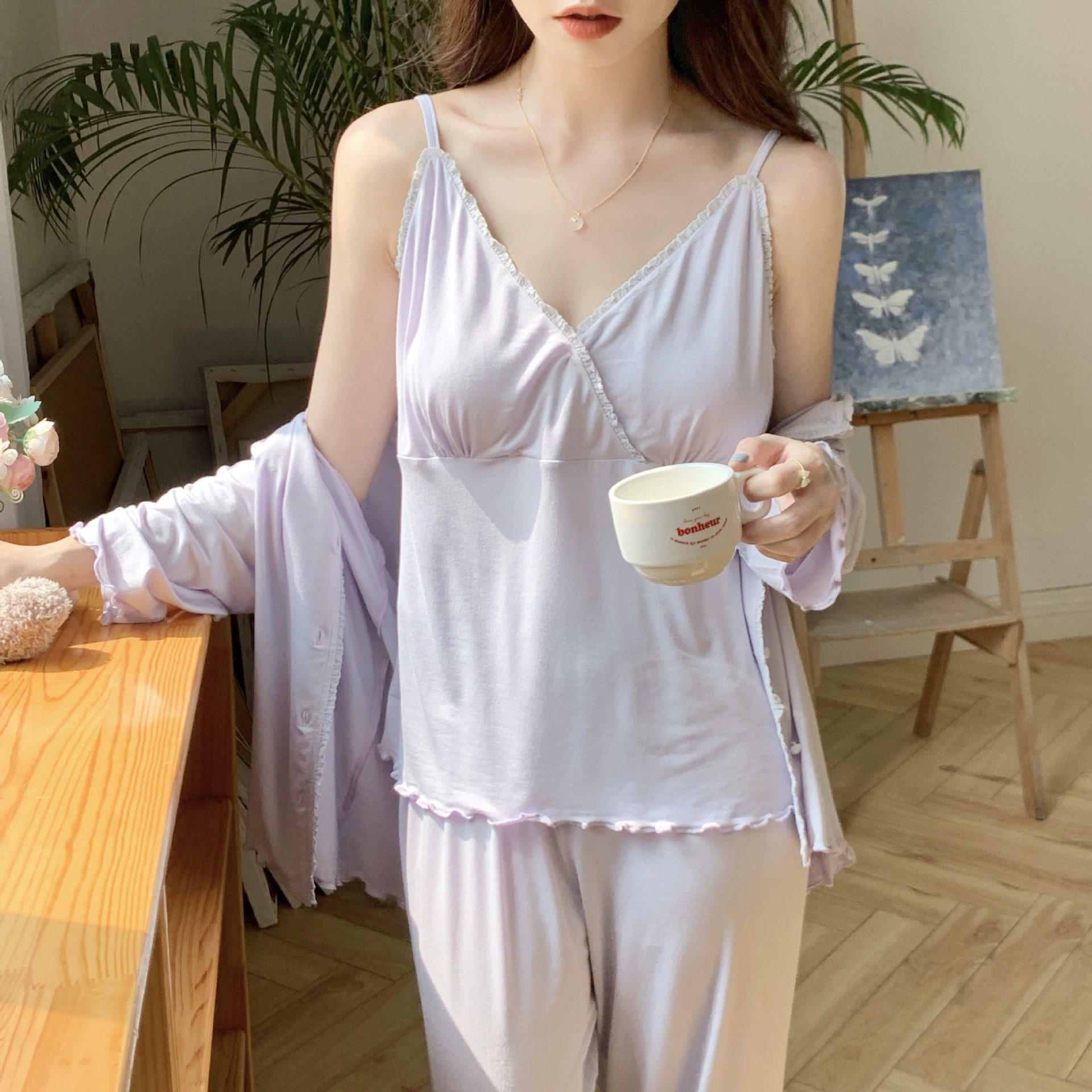 [3233 в наличии] Модальный костюм Луны Летний слинг комплект из трех частей Беременные женщины Пижама Материнская лактация Домашний костюм