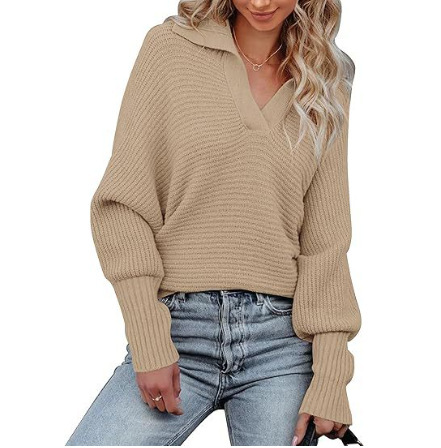 202 new European and American Amazon AliExpress women's batwing long sleeve V-neck pullover sweater folding collar top