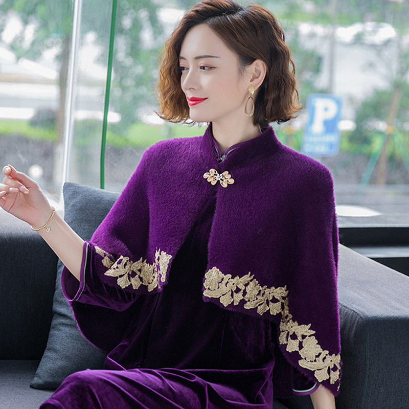 Mink Velvet Cape Shawl Jacket in Wine Red