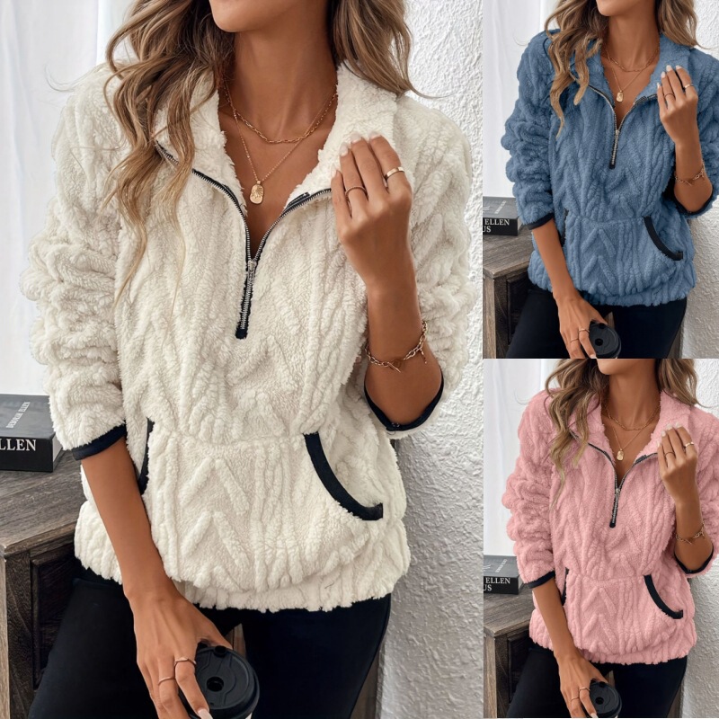 2025 New Cross-Border Autumn and Winter European and American Elegant Casual Lapel Chanel-Style Lamb Wool Short Zipper Sweatshirt for Women
