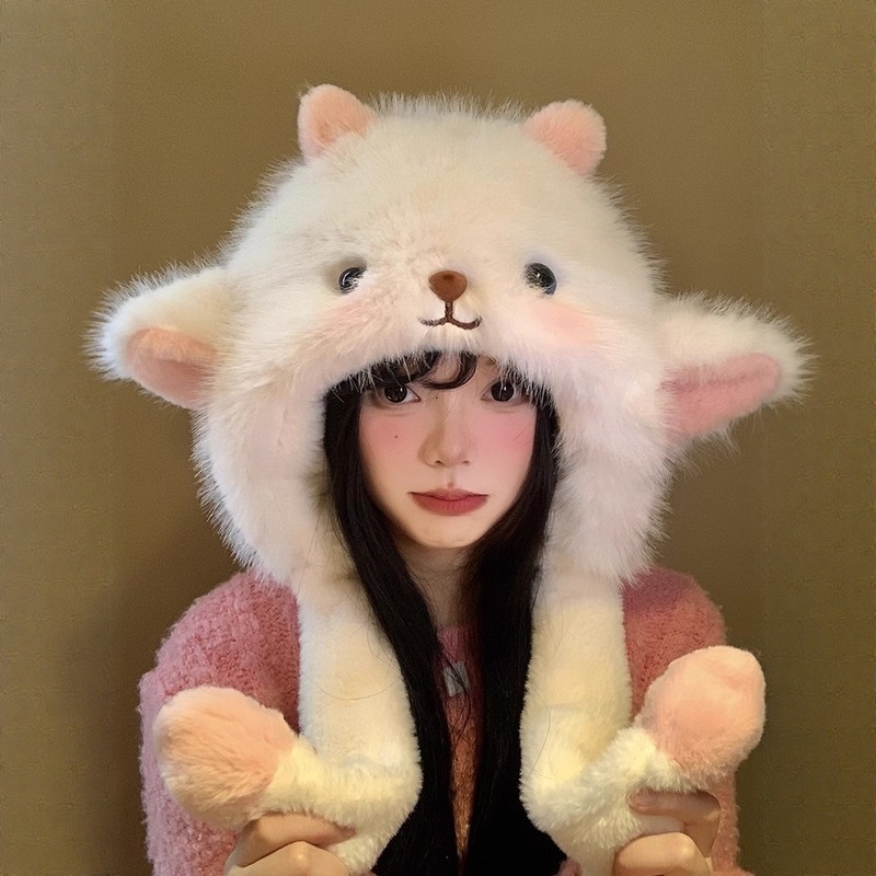 耳朵会动小羊毛绒帽子女冬季可爱加厚保暖防寒护耳帽显脸小雷锋帽|undefined