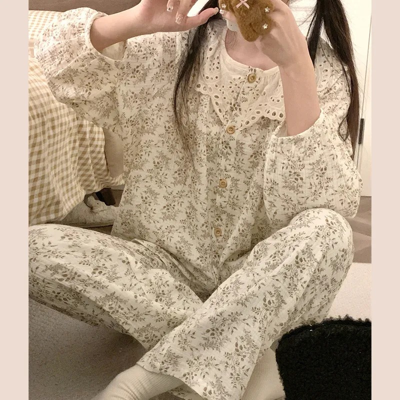 여성을위한 새로운 스타일의 달콤한 인쇄 긴팔 잠옷 인터넷 연예인 스타일 가을 2024 새로운 바지 홈 슈트
