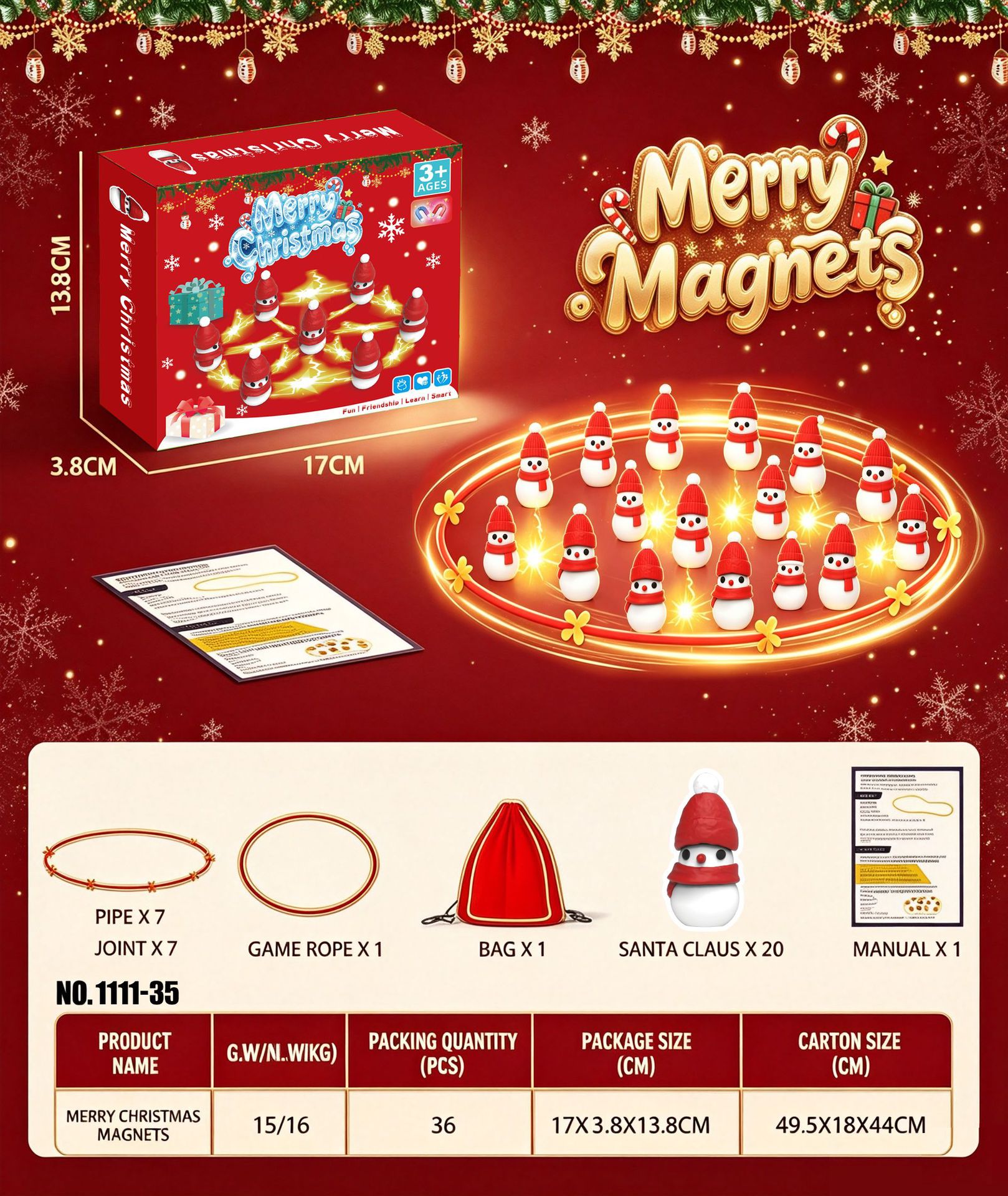 【Emballage Boîte Couleur Anglaise】Jeu d'Échecs Magnétique Bonhomme de Neige de Noël (Type B) (Corde + 20 Bonhommes de Neige de Noël + Sac de Rangement)