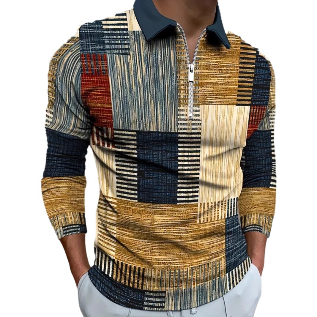 AliExpress transfronterizo línea geométrica de color 3D impresión hombres calle moda suelta cremallera camisa POLO