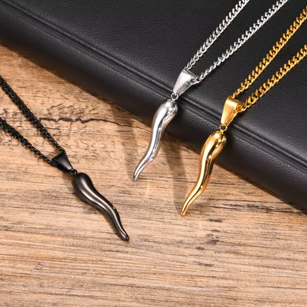 Simple Personality Stainless Steel Italian Horn Pendant Black Men's Necklace Spring Creek Water PN1503