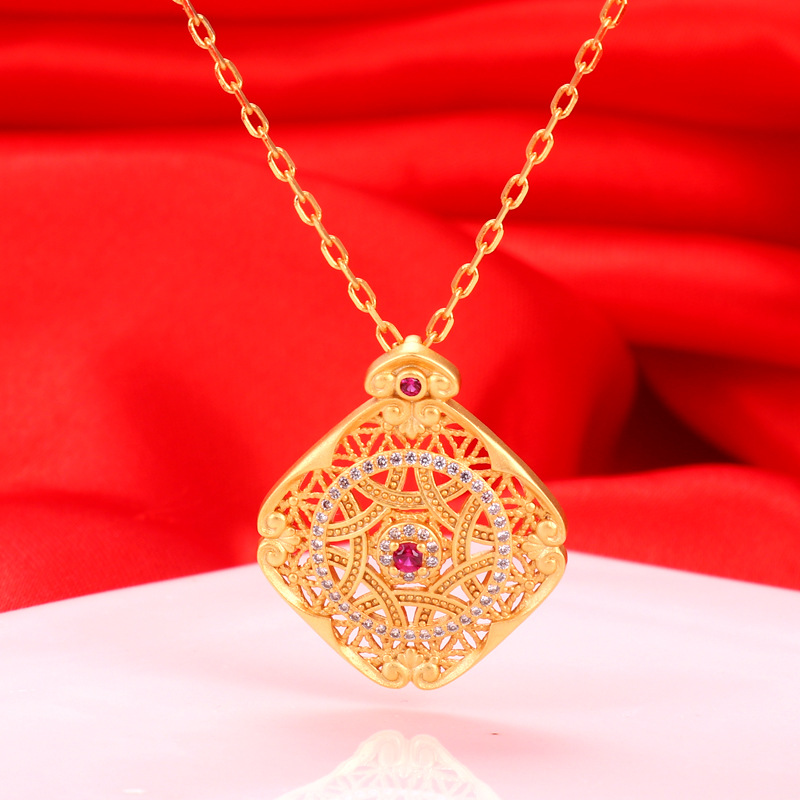 跨境越南沙金项链 古法传承镂空吊坠方形线条祥云中国结抖音趋势|ms