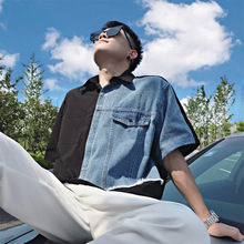 2025新款男士火夏季男坠感衬衣五分袖痞帅男装牛仔拼接衬衫