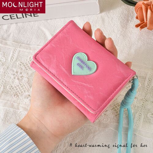 New cute and caring cartoon girls short wallet, sweet card bag, Korean snap-button change purse, three-fold card bag