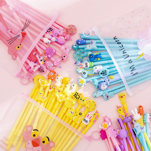 20-pack gel pen wholesale cartoon head girl's water-based pen bag set pen student creative cute super cute