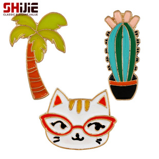 Korean fashion cute cartoon oil coconut tree Cactus kitten brooch collar pin badge set Christmas accessories