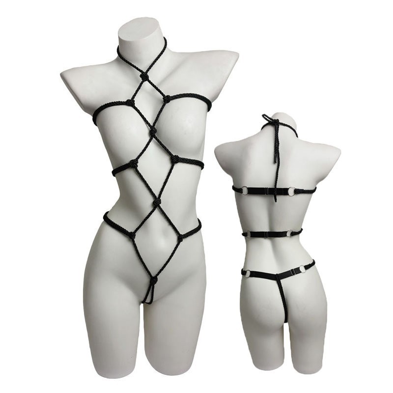 Women’s Sheer Mesh Bodysuit Lingerie Set with Rope Detail, One Size — detail image 2