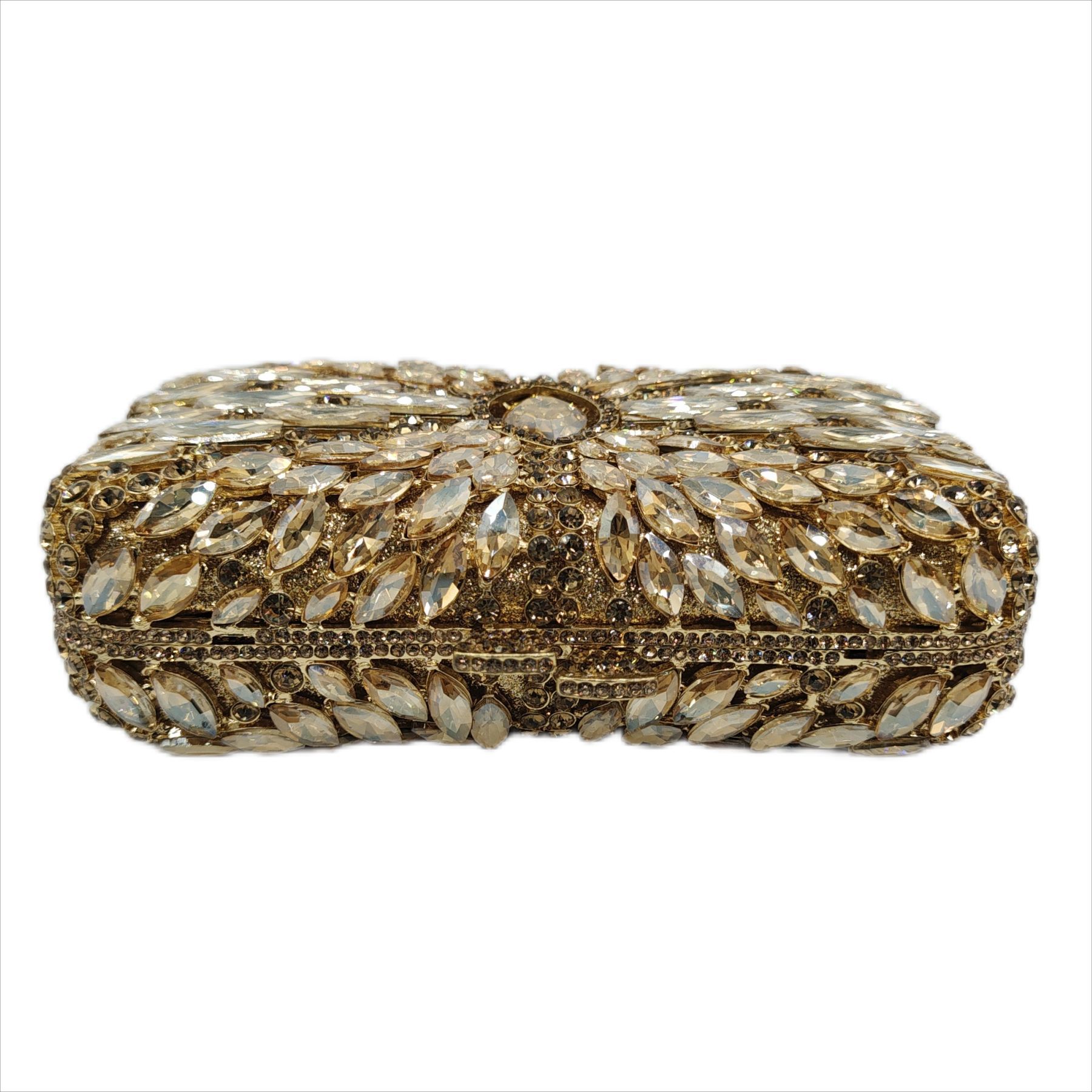 Túi clutch nữ đính đá rhinestone hộp cứng kim loại cầm tay dạ hội — Màu hồng, Hoa violet, Đế vàng kim cương, Màu sâm panh chi tiết 10