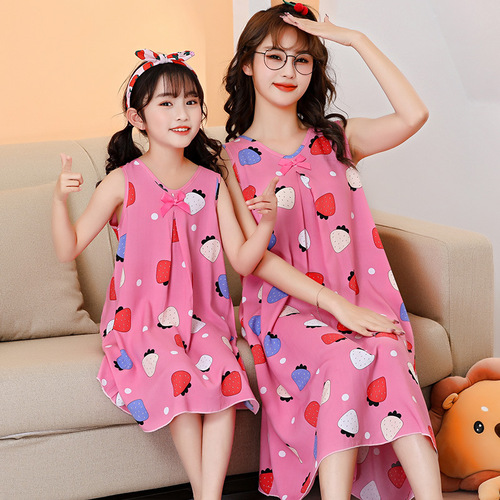 Children's and Parent's Pajama Set with Cotton Satin Home Dress Print T-shirt Style Slipping Pajama for Toddlers