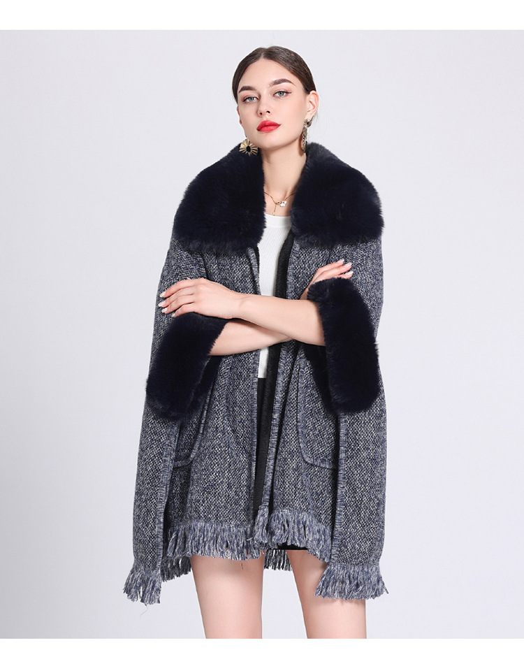 Mantella in pile extra spesso con collo in pelliccia, ampia e larga taglia, cardigan lavorato a maglia per donna_voghion.com