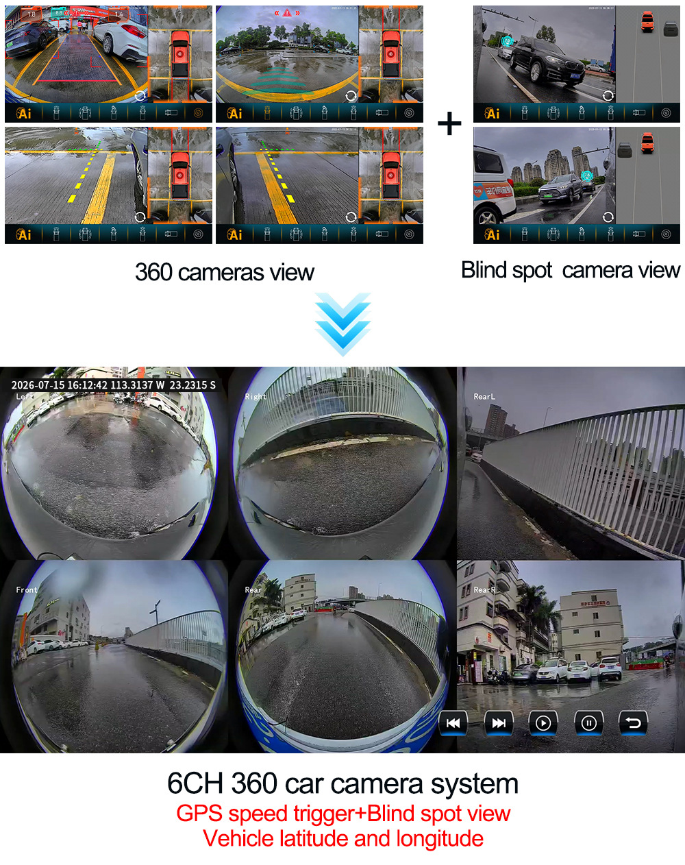 Universal car dash cam with 360-degree panoramic view, sentinel mode, BSD blind spot monitoring, AI recognition, and GPS