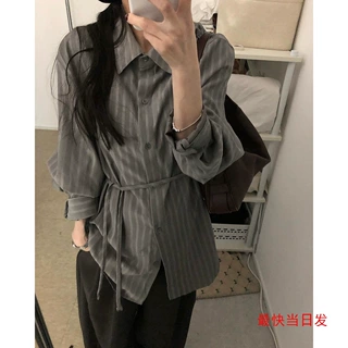 韩国chic秋季新款气质淑女 绑带收腰长袖衬衫女条纹衬衣