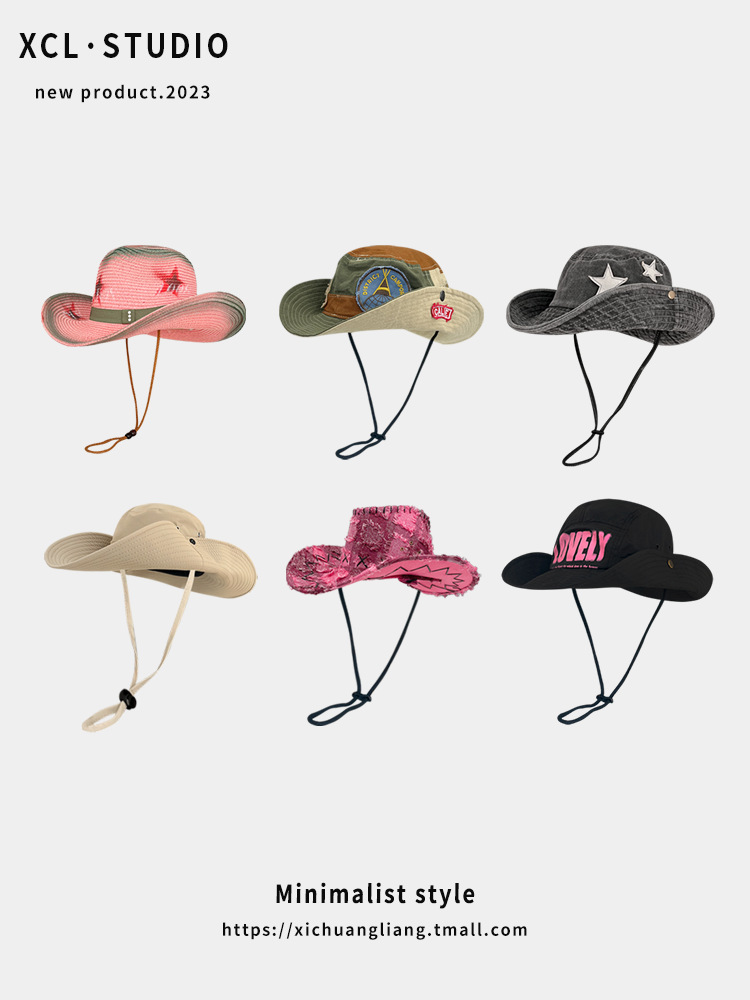 日系戶外露營登山帽子女百搭釣魚遮陽防曬太陽帽男大檐西部牛仔帽