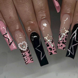 European and American long hose nail pink zebra French style star nail wear fake nails wholesale