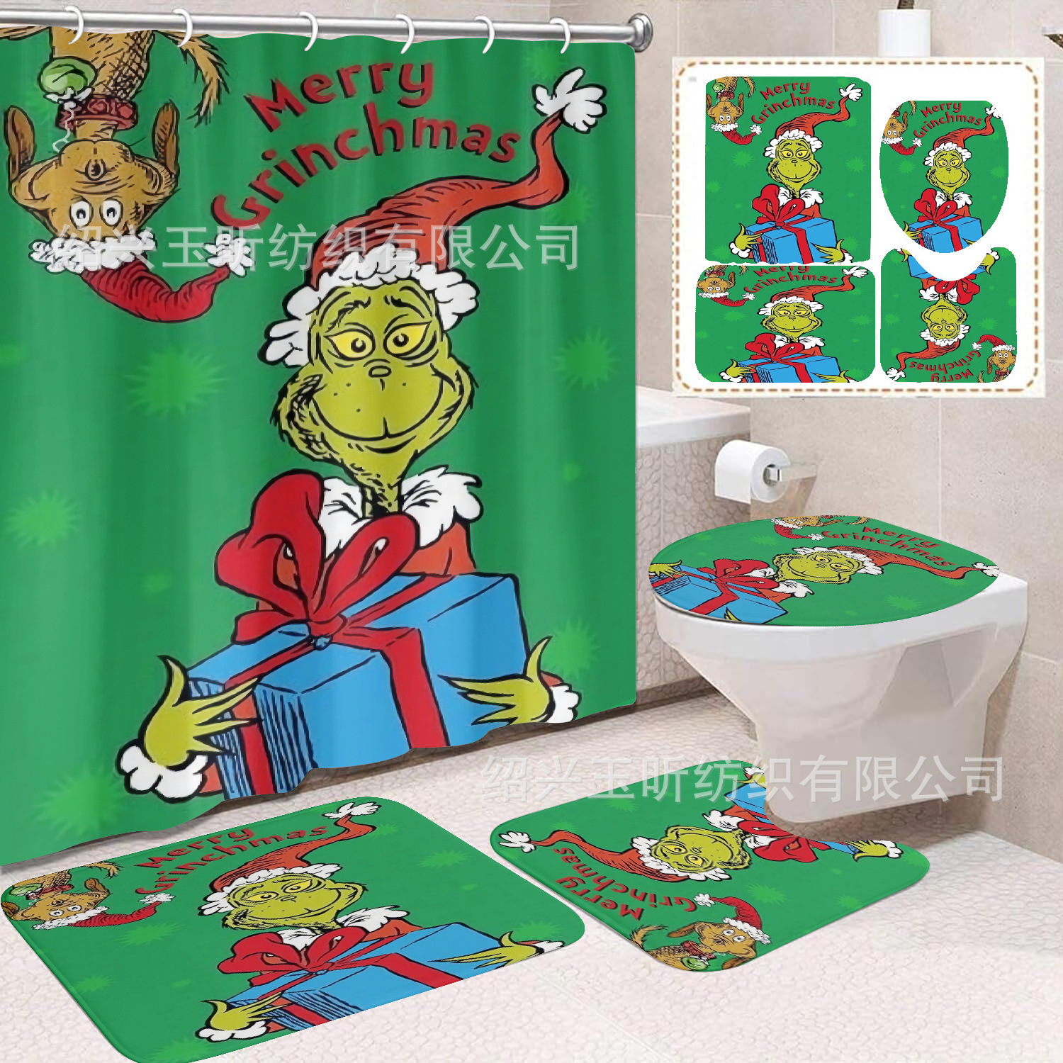 Tela de cortina de ducha transfronteriza, cortina de ducha impermeable, alfombra antideslizante de baño, juego de Grinch 4 de pelo verde al por mayor, sin perforación