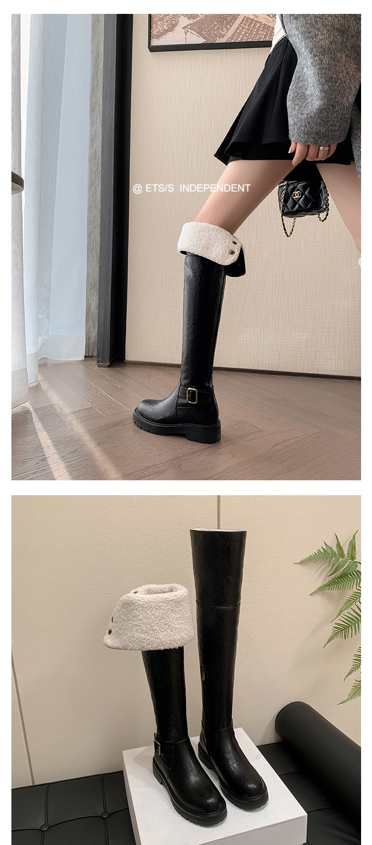 Boot nữ cổ cao qua gối hai lớp gấp gọn, lót lông cừu ấm áp, phong cách hiệp sĩ — màu đen chi tiết 17