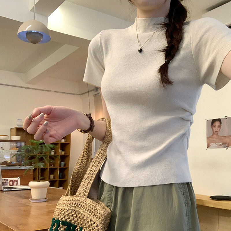 リアルショットファッション人気ハーフタートルネック右肩半袖Tシャツレディース2025夏新作ウールボトムシャツ|undefined