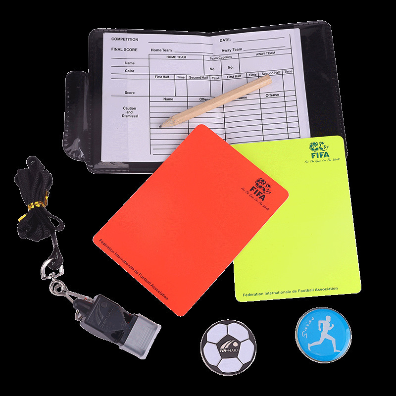 Árbitro de fútbol tarjeta roja y amarilla escogedor lateral partido de fútbol bandera de patrulla accesorios de árbitro equipo protector de dientes silbato paquete de árbitro