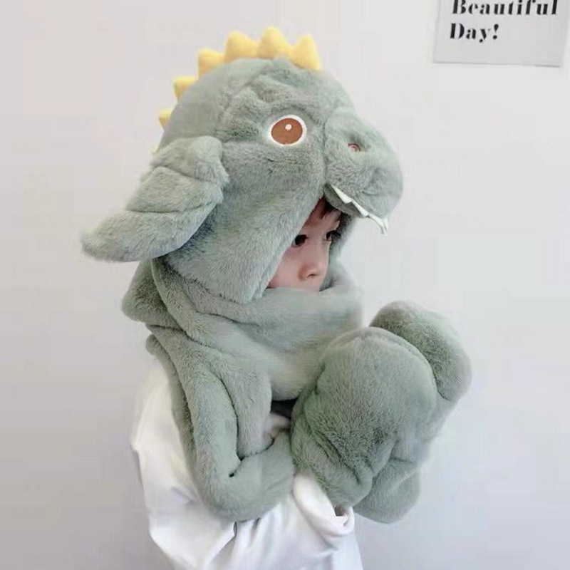 Sombreros infantiles bufandas guantes en invierno lindo dinosaurio para niños y niñas bebés protectores de oídos a prueba de viento con tres piezas engrosadas