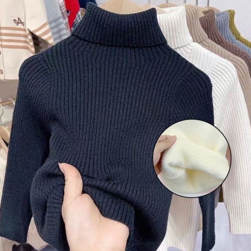 New winter children's turtleneck knitted sweater, one-piece fleece lining, thickened and warm base layer for toddlers and babies.