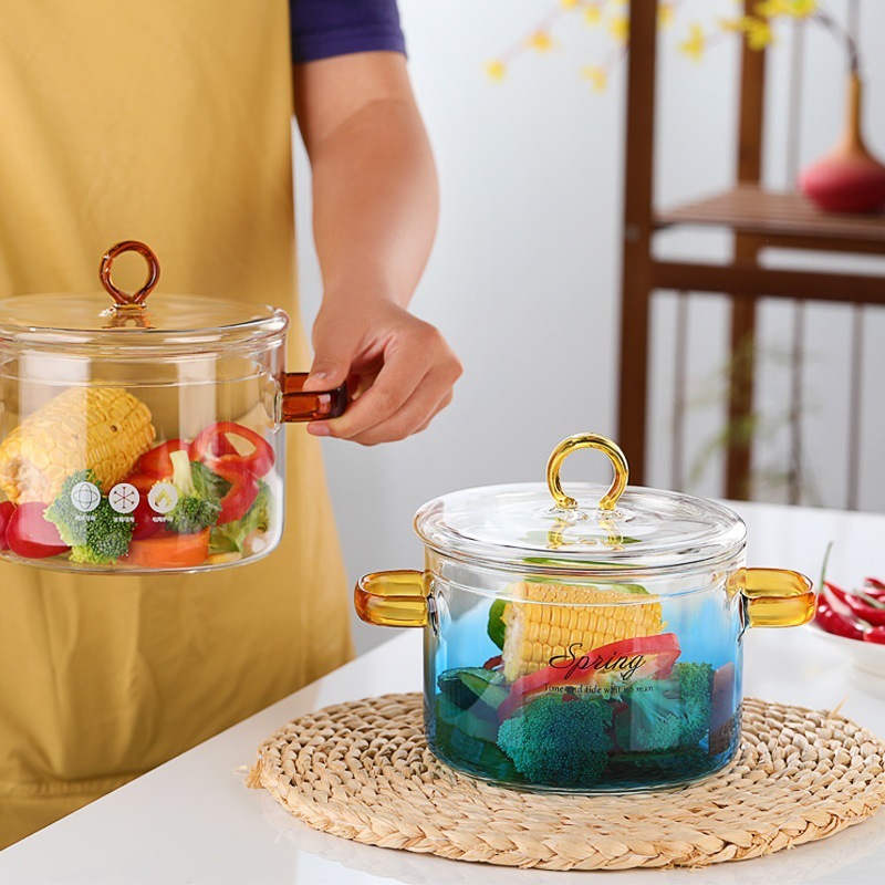 Entrega de la fábrica olla de vidrio de borosilicato alta calefacción doméstica olla de vidrio fideos de cocina olla de doble oreja olla de sopa azul degradado con tapa