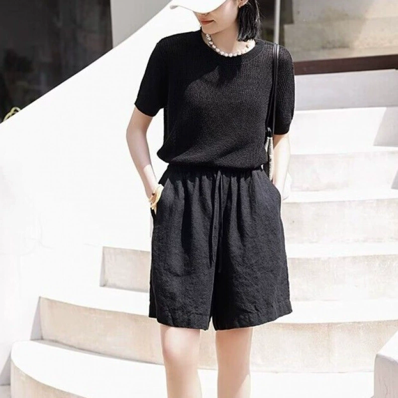 2025 новые летние женские льняные свободные шорты на шнуровке, удобные широкие брюки, тонкие утягивающие универсальные брюки с пятью точками