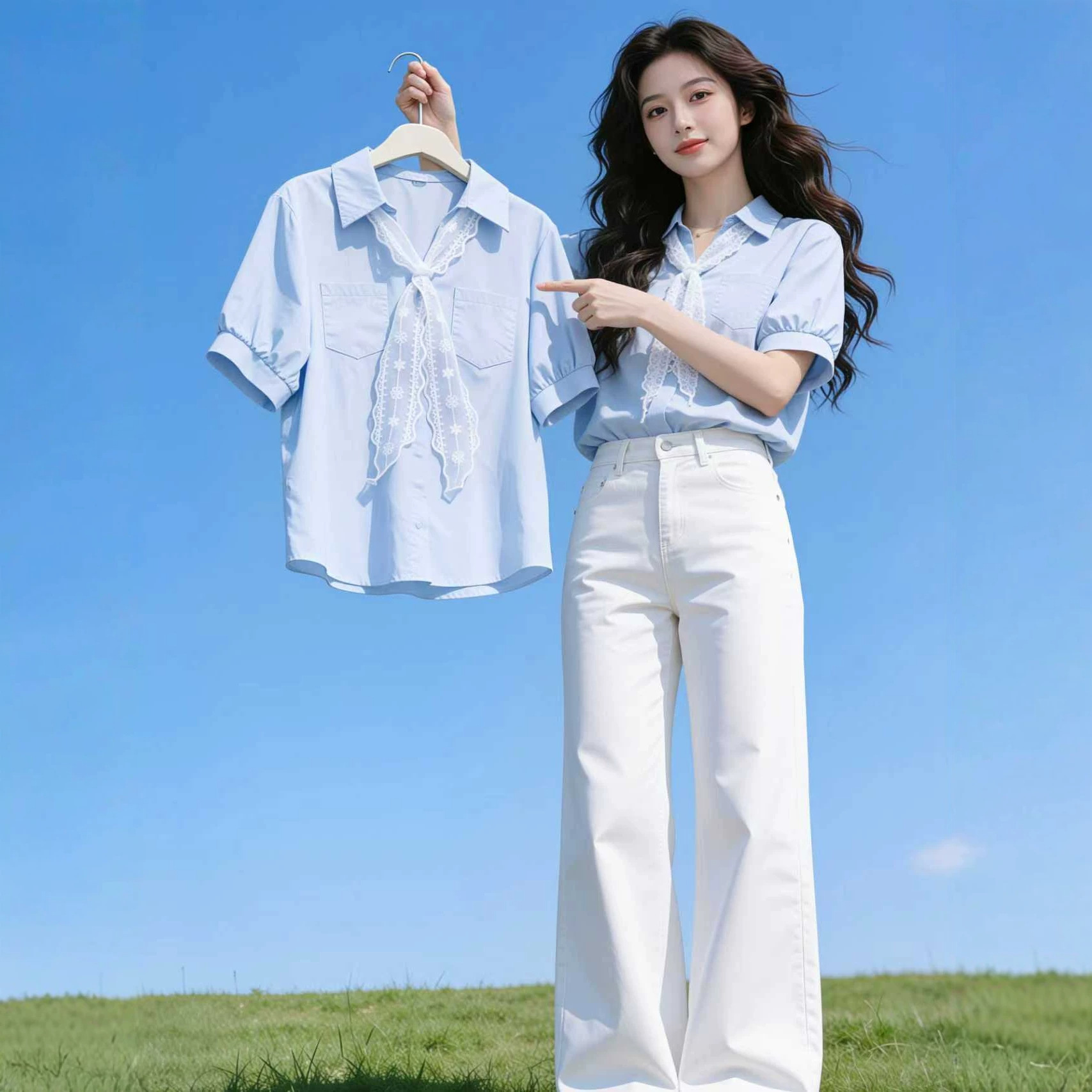 Áo sơ mi nữ tay ngắn cổ ren khăn quàng phong cách Pháp — xanh lam chi tiết 4