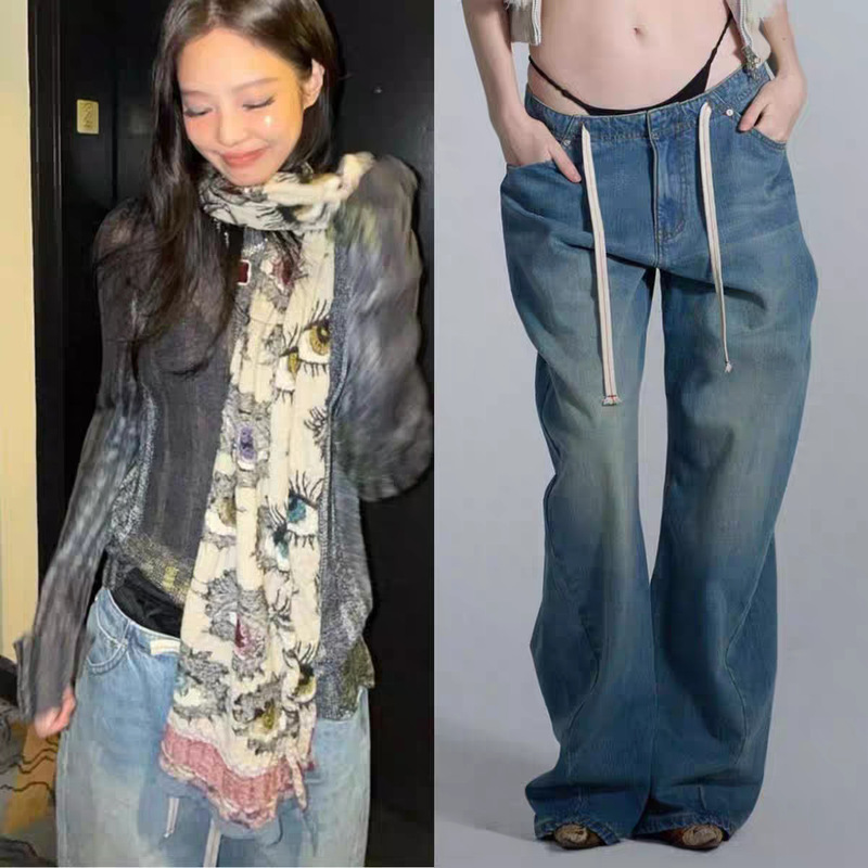 Qc Non-Returnable 2026 Spring New Korean Dongdaemun Jennie and Jolin Tsai Same Style Retro Drawstring Denim Pants Long Pants Qc Non-Returnable 2026 Spring New Korean Dongdaemun Jennie and Jolin Tsai Same Style Retro Drawstring Denim Pants Long Pants
