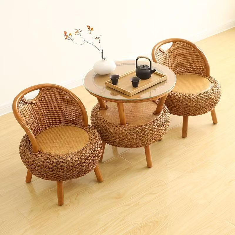 Balcony Small Rattan Chair Three-Piece Set, Rattan Woven Pumpkin Chair, Rattan Chair Coffee Table, Round Rattan Leisure Seat for the Elderly