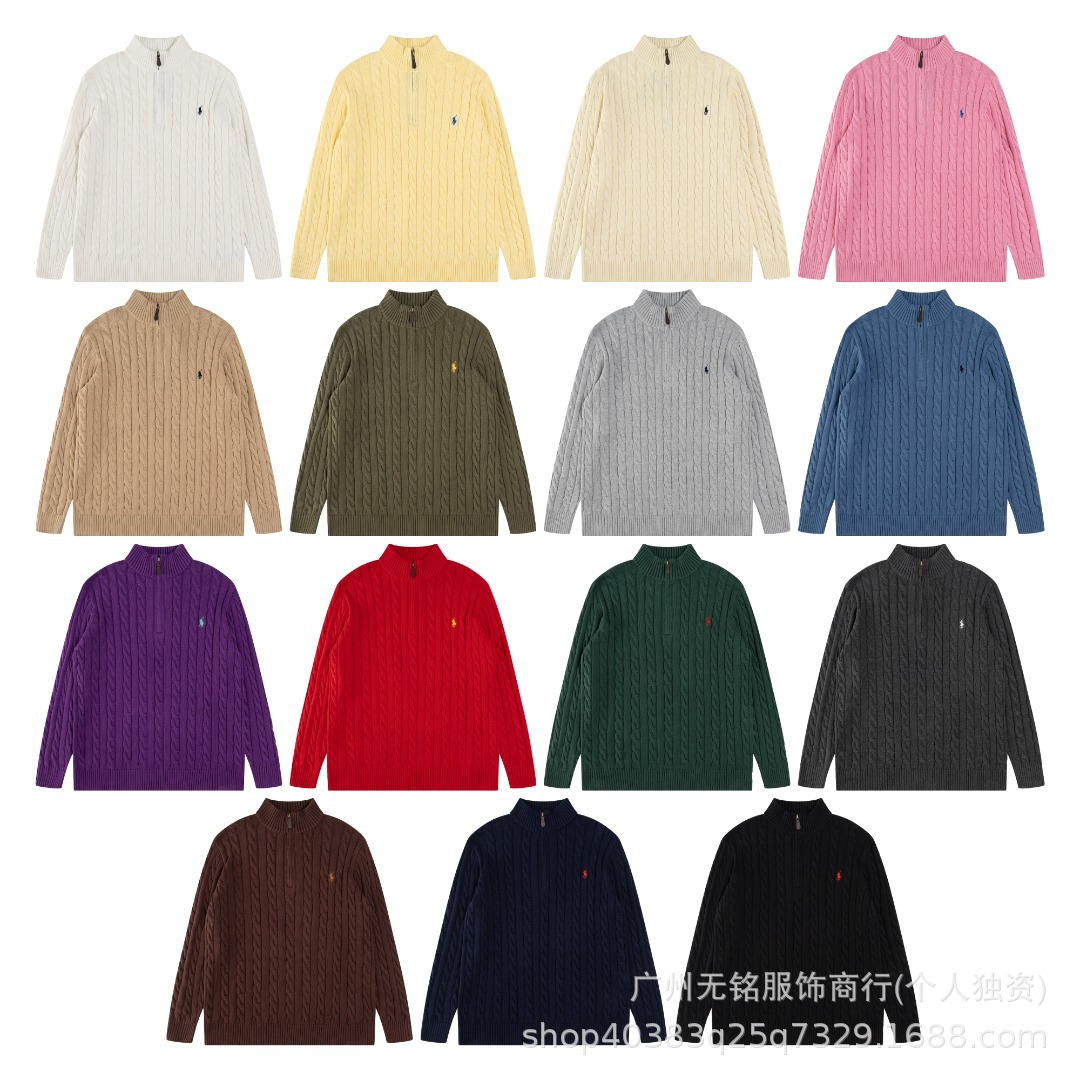 25 Autumn and Winter High-Quality Rl Pony Embroidered High-Neck Classic Versatile Half-Zip Cable Knit Sweater for Men and Women ~ Can Be Scanned
