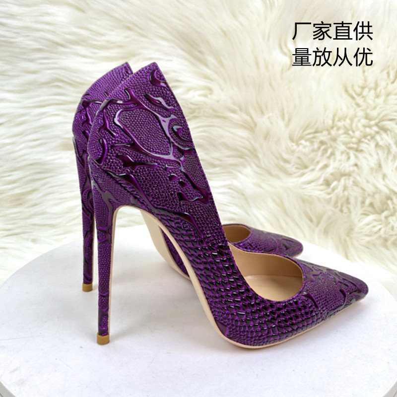 Cross-Border Export Wholesale Purple Snakeskin Pattern Celebrity High Heels 12cm Pointed Toe Stiletto Pumps Soft Leather Women's Shoes