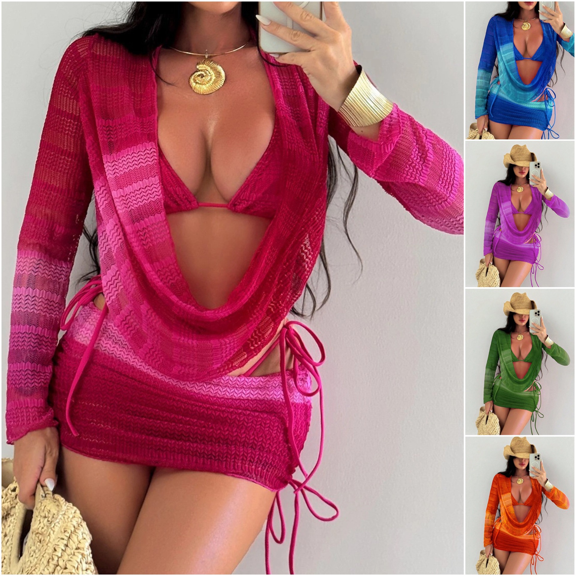 New Style Split Swimsuit, Feminine Three-Piece Bikini Set with Drawstring Skirt and Sun Protection Cover-Up, Vacation Cross-Border Swimwear for Women